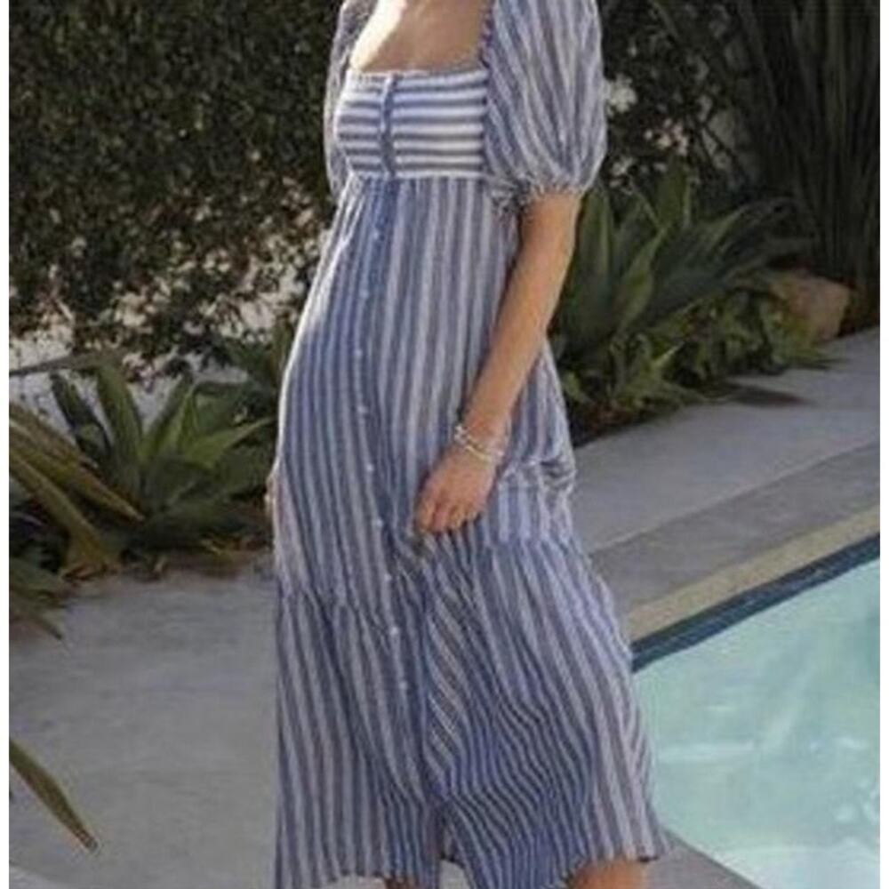 Emerson Fry Love Tomas Striped Cotton Maxi Dress XS S Blue Cottagecore Boho NWT - Picture 2 of 12